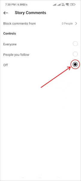 اسکرین‌شات از قسمت بستن کامنت استوری اینستاگرام